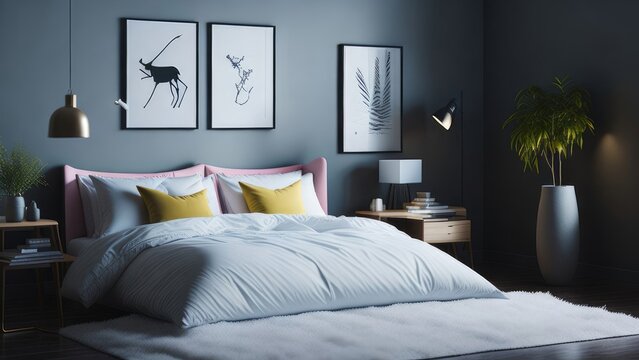 A modern mockup of a bright, spacious bedroom, rendered as a digital illustration