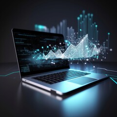 A futuristic laptop over a desk, analytical data