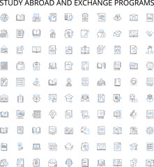 Study abroad and exchange programs outline icons collection. Exchange, Programs, Study, Abroad, Global, Education, Cultural vector illustration set. Visas, Immersion, Language linear signs