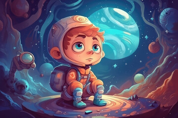 Cartoon kid space explorer. painting art for artist creativity and inspiration, generative AI