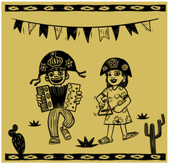 musician couple. the man playing the accordion, the woman playing the triangle. Elements of the traditional culture of Northeast Brazil. cordel literature style.