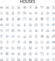Houses outline icons collection. Home, Residence, Abode, Dwelling, Mansion, Lodgings, Villa vector illustration set. Condo, Cottage, Bungalow linear signs