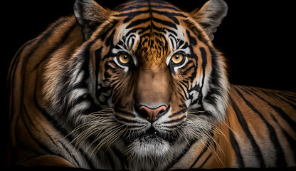 Sumatran tiger looking at the camera,tiger on black background .generative ai