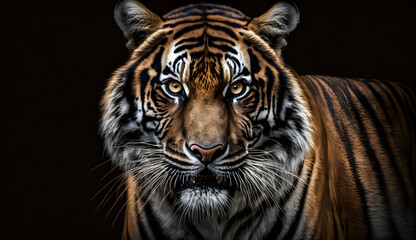 Fototapeta na wymiar Sumatran tiger looking at the camera,tiger on black background .generative ai