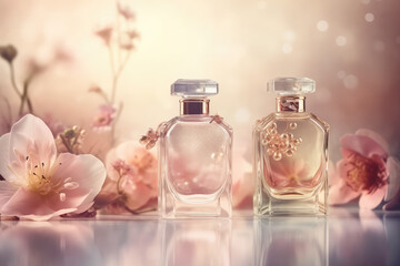 Fresh spring romantic image, stylish transparent glass perfume bottles. Stylish perfume banner, generative AI