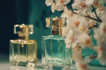 Obraz na płótnie Canvas Fresh spring romantic image, stylish transparent glass perfume bottles. Stylish perfume banner, generative AI