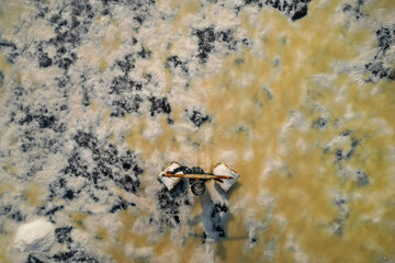  Aerial view of worker harvesting salt in salt field at Ban Laem-Thailand	