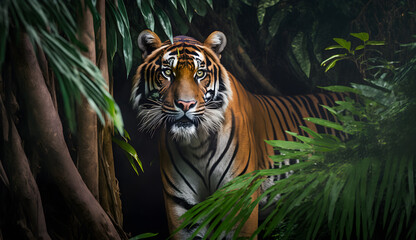 Fototapeta na wymiar Sumatran tiger looking at the camera,tiger walking in tropical forest conservation .generative ai