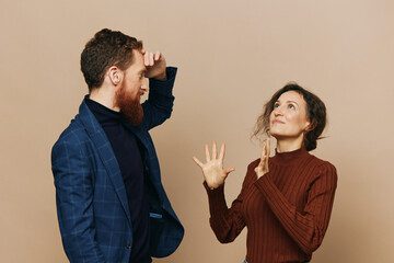 Man and woman couple in a relationship quarrel, yelling, psychological violence in the family, problems in a real relationship between people