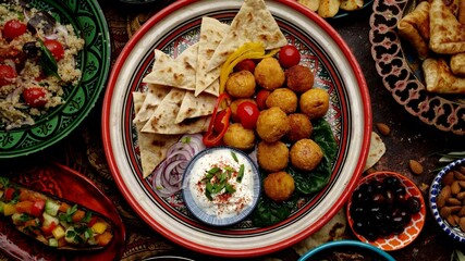 Falafel is a deep-fried ball made from ground chickpeas topped with vegetables, hot sauce, and pita bread. Ramadan food. Authentic middle eastern culinary composition in traditional dishes