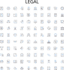 Legal outline icons collection. Law, Court, Rights, Contract, Attorney, Justice, Legislation vector illustration set. Litigation, Agreement, Hearings linear signs