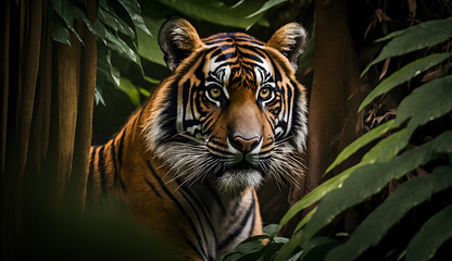 Sumatran tiger looking at the camera,tiger walking in tropical forest conservation .generative ai - obrazy, fototapety, plakaty