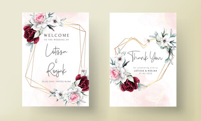 Wedding invitation card template with beautiful floral and leaves. modern maroon pink color