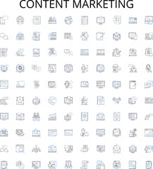 Content marketing outline icons collection. Content, Marketing, Strategy, Ads, Content-Creation, Generating, Distribution vector illustration set. Influencers, Repurposing, Branding linear signs