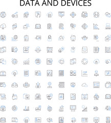 Data and devices outline icons collection. data, devices, computer, laptop, tablet, smartphone, server vector illustration set. cloud, network, internet linear signs