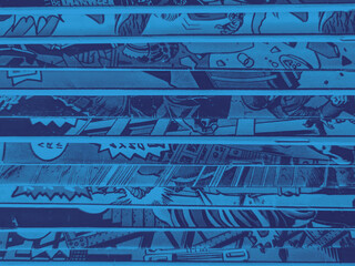 Vintage comic book collection stacked in a pile creates background pattern with blue monotone color effect