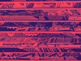 Vintage comic book collection stacked in a pile creates background pattern with red and blue duotone color effect