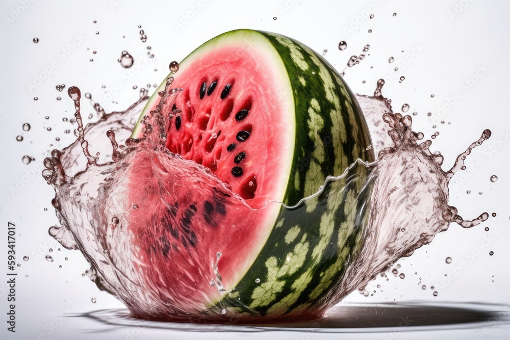 Poster watermelon falling into a pool of water, creating a splash. generative ai