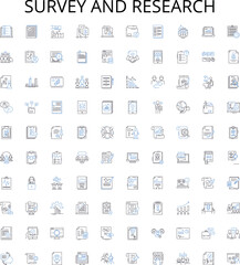 Survey and research outline icons collection. Surveying, Researching, Questioning, Examining, Investigating, Analysis, Analyzing vector illustration set. Polling, Probing, Measuring linear signs