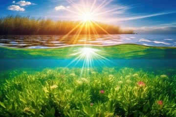 Obraz na płótnie Canvas sunny landscape with water and grass. Generative AI