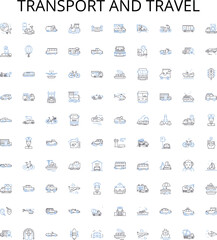Transport and travel outline icons collection. Logistics, Planes, Boats, Trains, Roads, Ridesharing, Buses vector illustration set. Autos, Taxis, Cabs linear signs