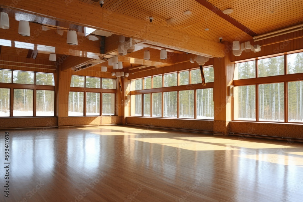 Poster an expansive room with abundant natural light streaming in through multiple windows. generative ai