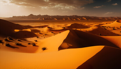 Fototapeta na wymiar panoramic desert sahara landscape,desert in the afternoon,generative ai