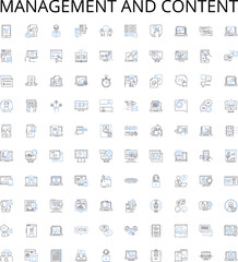 Management and content outline icons collection. management, content, strategy, planning, organization, leadership, coordination vector illustration set. collaboration, workflow, productivity linear