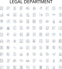 Legal department outline icons collection. Lawyer, Attorney, Litigation, Court, Compliance, Regulation, Contract vector illustration set. Document, Statute, Jurisdiction linear signs