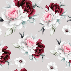 rose flowers and leaves painting watercolor floral seamless pattern