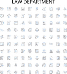 Law department outline icons collection. Law, Department, Judiciary, Regulation, Legislation, Litigation, Criminal vector illustration set. Contract, Enforcement, Constitutional linear signs