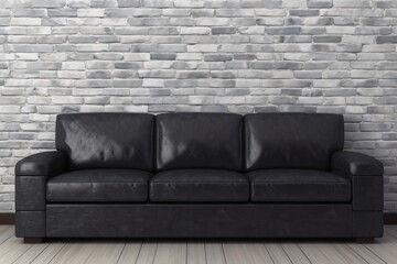 Fototapeta na wymiar modern black leather couch set against a white brick wall. Generative AI