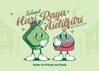 Cute retro vintage cartoon ketupat and pelita oil lamp with kampung house silhouette. Muslim festival celebration flat design for poster, banner or graphic design. (text: Fasting day celebration)