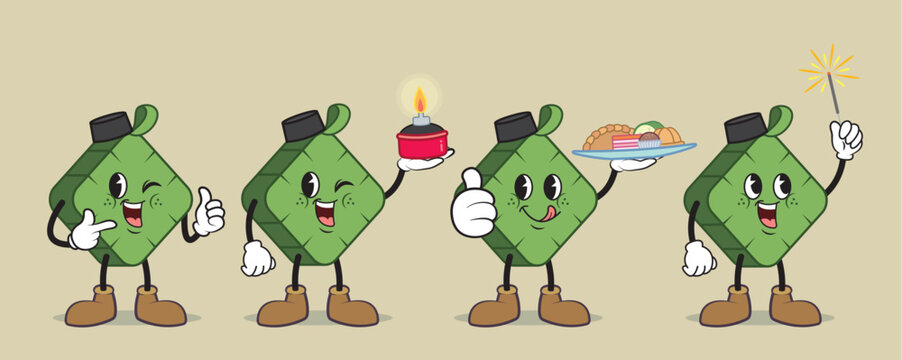 Set of cute cartoon ketupat with pelita oil lamp, kuih muih (malay pastry) and fireworks stick. Muslim festival celebration flat design for poster, banner or graphic design.