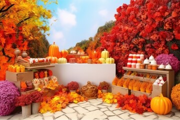 Obraz na płótnie Canvas festive autumn display featuring pumpkins, flowers, and cakes. Generative AI