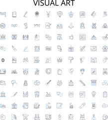 visual art outline icons collection. Painting, Drawing, Sculpture, Printmaking, Collage, Photography, Mixed-Media vector illustration set. Ceramics, Assemblage, Installation linear signs