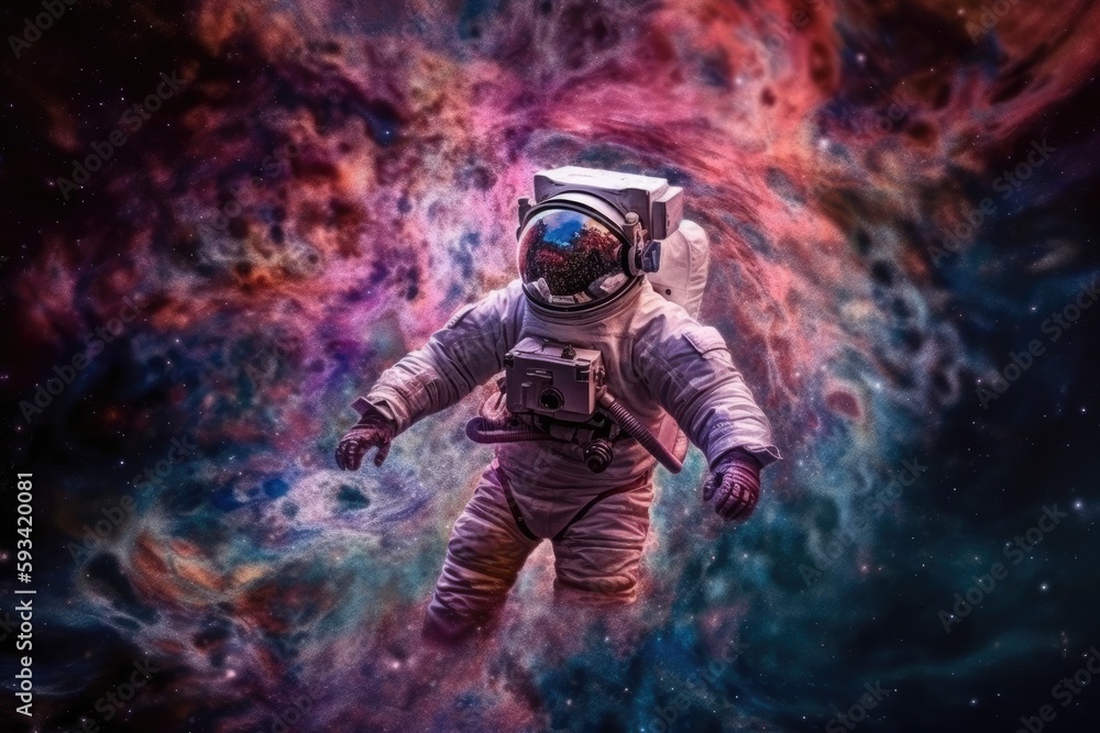 Poster an astronaut floating in front of a vibrant and colorful galaxy. generative ai