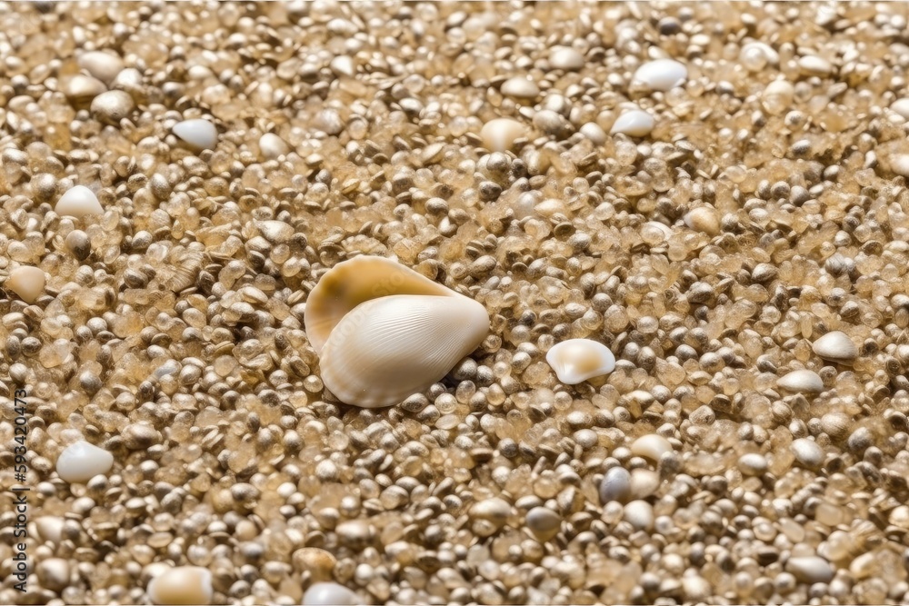 Poster seashell lying on a sandy beach surrounded by other shells. generative ai