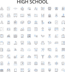 High school outline icons collection. Highschool, Education, Academics, Learning, Students, Grades, Classes vector illustration set. Campus, School, Diploma linear signs