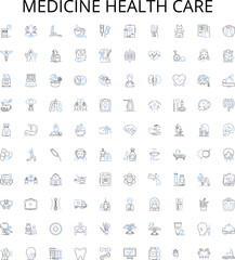 Medicine health care outline icons collection. Medicine, Health, Care, Treatment, Diagnosis, Surgery, Prescription vector illustration set. Pharmaceuticals, Pharmacology, Medical linear signs