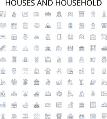 Houses and household outline icons collection. House, Household, Home, Dwelling, Residence, Abode, Villa vector illustration set. Cottage, Condo, Apartment linear signs
