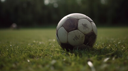 Fototapeta na wymiar Soccer ball on the green grass, Close-up of the ball in position for a penalty shot Generative AI
