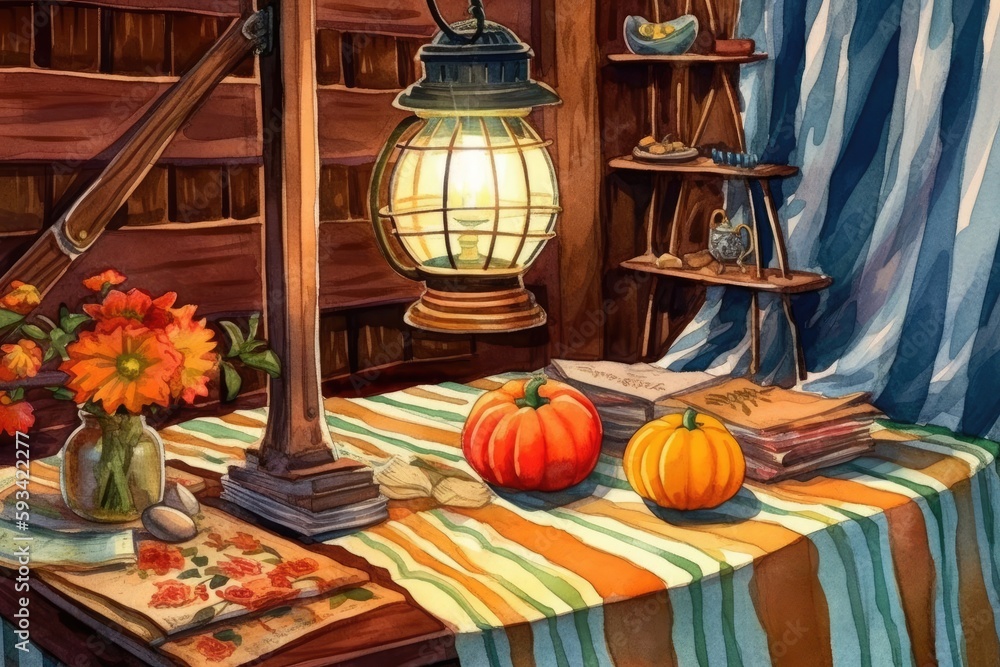 Poster cozy table setup with books and a lamp. generative ai
