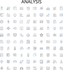 Analysis outline icons collection. Examine, Analyze, Investigate, Study, Evaluate, Scrutinize, Interpret vector illustration set. Inspect, Explore, Breakdown linear signs