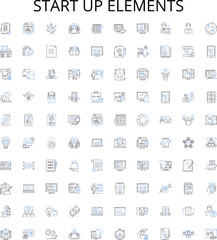 Start up elements outline icons collection. Funding, Resources, Idea, Planning, Strategy, Risk, Team vector illustration set. Networking, Location, Execution linear signs