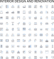 Interior design and renovation outline icons collection. Decorating, Furnishing, Upholstery, Wallcovering, Lighting, Refurbishment, Styling vector illustration set. Space-planning, Finishing