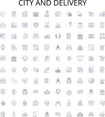 City and delivery outline icons collection. City, Delivery, Urban, Shipping, Logistics, Local, Courier vector illustration set. Home, Destination, Delivery Service linear signs