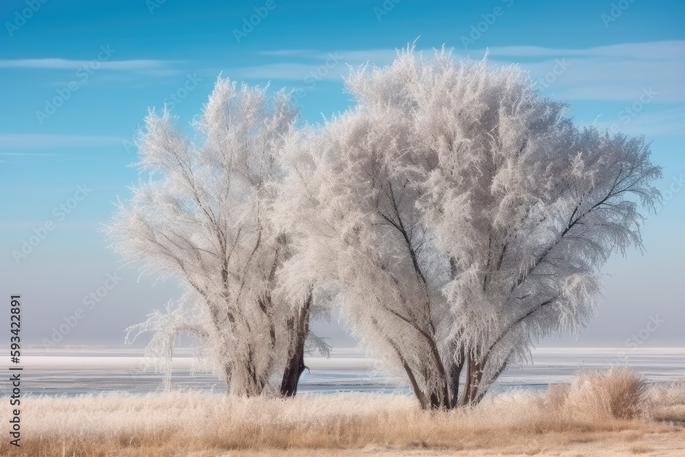 Poster two trees standing in a green field. generative ai