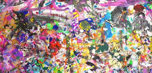 Fototapeta na wymiar Abstract art banner background with splashes of multicolor paint. Brightly colored paint messy, fun, creative, colorful background for art design