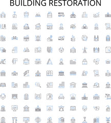 Building restoration outline icons collection. Rebuilding, Preservation, Renovation, Rehabilitation, Refurbishment, Conserve, Repair vector illustration set. Maintenance, Reinforcement, Upgrading